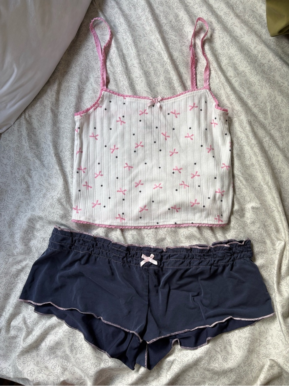 Edikted Pink Bow Pajama Tank Top Shorts Set Blue White Low Rise Cami Size XS